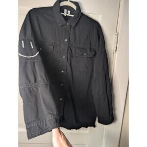 Elan Smiley Shacket Embroidered Distressed Dolly Jacket Denim Women's M(849)